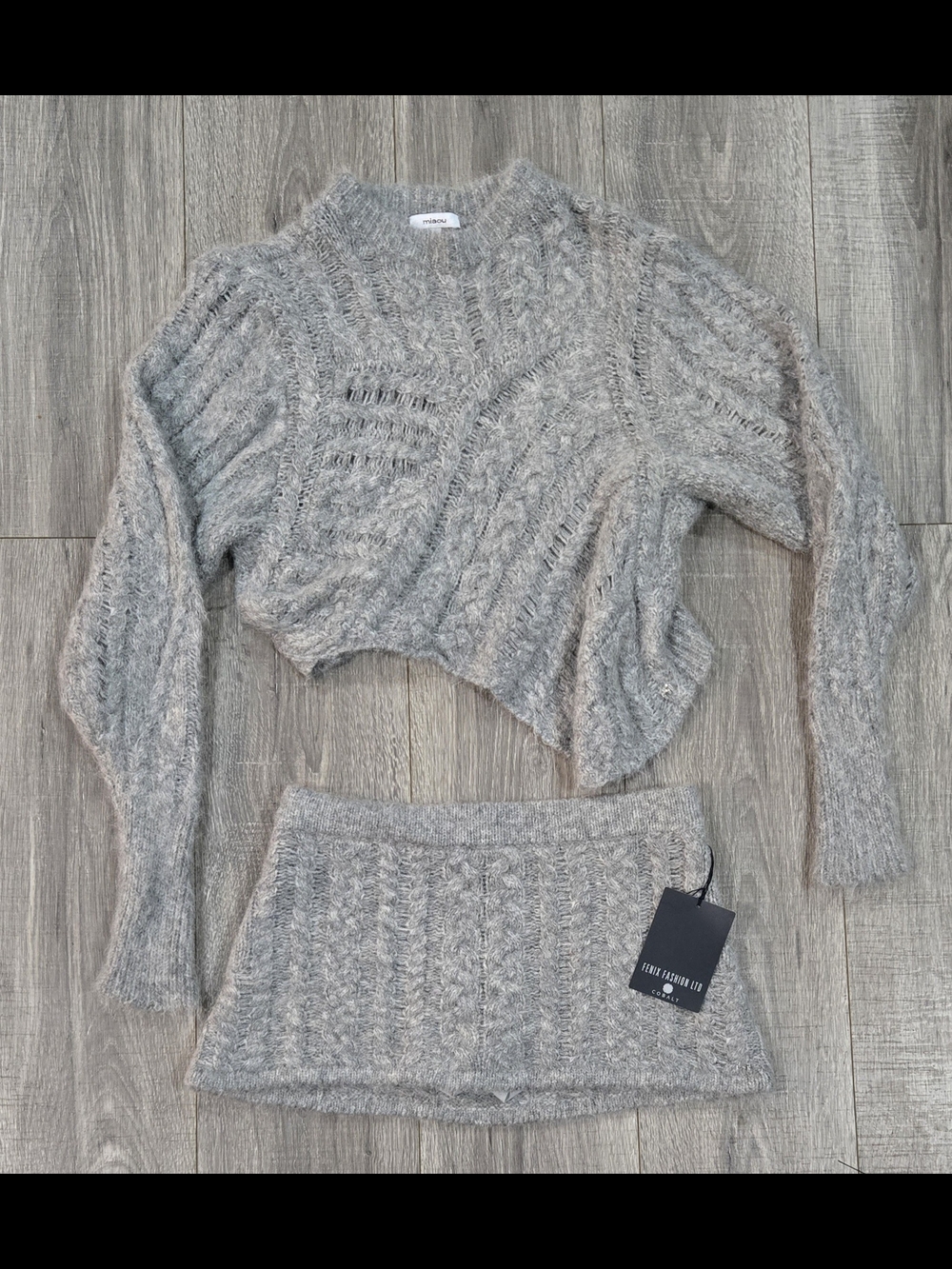 Miaou : Heather Grey Cropped Crewneck & Mini Skirt: Alpaca / Fine Merino Wool.